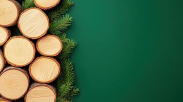 A collection of wood logs arranged artistically against a green background, showcasing natural textures and earthy tones. photo