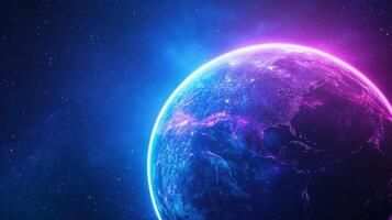 A stunning view of a colorful planet in space, illuminated by vibrant blue and purple light against a starry backdrop. photo