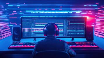 A music producer working intently at a modern studio with vibrant lights, focused on sound mixing and audio production. photo