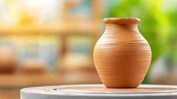 A handcrafted clay pot displayed on a wooden table with a blurred background, showcasing artisanal craftsmanship and natural beauty. photo