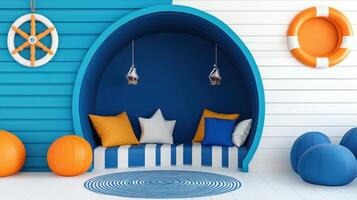 A vibrant blue and orange kids' corner featuring cozy seating, playful decor, and nautical elements, perfect for creative spaces. photo