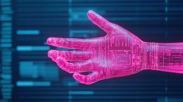 Futuristic hand design showcasing digital circuits, representing advanced technology and innovation in a high-tech environment. photo