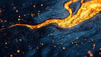 A captivating abstract image showcasing a glowing river-like flow of gold against a dark blue background. photo