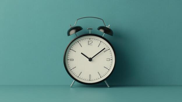 Classic alarm clock on a teal background, symbolizing time management and punctuality in a minimalistic setting. photo