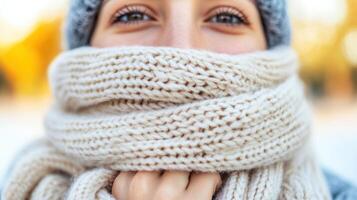 A joyful woman warmly wrapped in a cozy scarf, smiling in a chilly outdoor setting, embodying winter cheer and style. photo