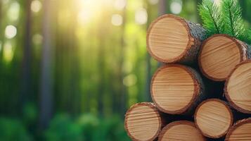 A close-up view of freshly cut tree logs in a serene forest setting, highlighting nature's beauty and natural resources. photo