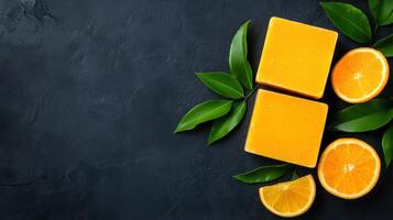 Vibrant orange soap bars next to fresh orange slices and green leaves on a dark stone surface, perfect for natural beauty products. photo