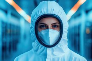 A determined woman in protective gear stands in a futuristic environment, conveying safety and resilience in health care. photo