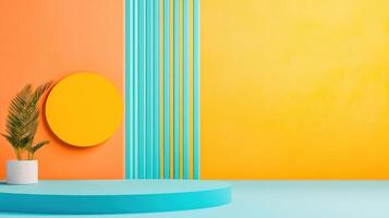 Vibrant studio backdrop featuring orange and yellow walls with teal accents and a stylish plant in a modern pot. photo