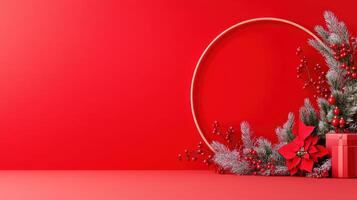 Festive red background with circular frame and holiday decorations, perfect for seasonal greeting cards and festive designs. photo