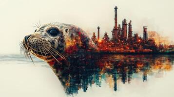 A surreal blend of nature and industry, featuring a seal's face with a backdrop of a glowing oil refinery. photo