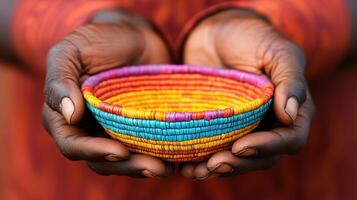 Colorful woven bowl held by hands, showcasing intricate craftsmanship and vibrant patterns, perfect for home decor or cultural projects. photo