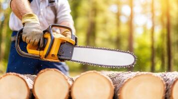 A person using a chainsaw to cut logs in a sunlit forest, showcasing outdoor work and forestry activities. photo