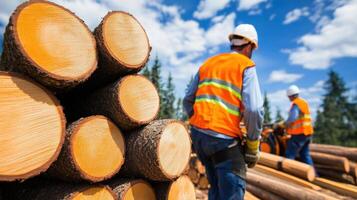 Workers in safety gear managing timber logs in a sunny forest environment, showcasing the logging industry. photo