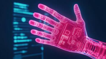 Futuristic robotic hand showcasing advanced technology and digital interfaces, symbolizing innovation and artificial intelligence. photo