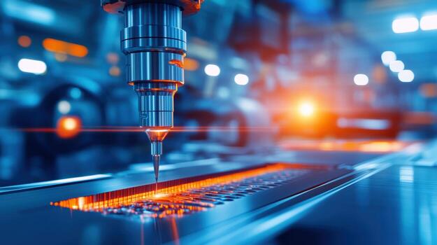 High-tech laser cutting process in a modern industrial setting, showcasing precision and advanced manufacturing technology. photo
