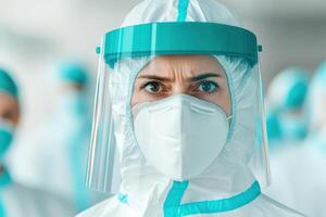 A healthcare professional in protective gear shows determination and focus, emphasizing the importance of safety during a pandemic. photo