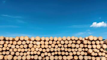 Stacked logs under a bright blue sky, showcasing natural texture and warmth, ideal for forestry and sustainable living themes. photo