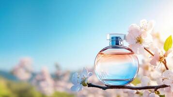 Beautiful perfume bottle on a blooming branch under a clear blue sky, evoking feelings of freshness and elegance. photo