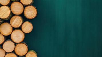High-quality image of stacked wooden logs on a green background, perfect for nature and eco-themed projects. photo