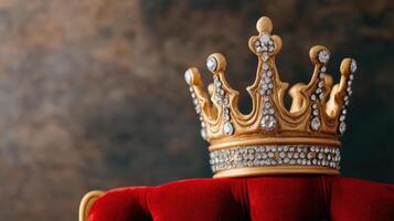 A luxurious golden crown adorned with jewels, resting on a plush red throne, symbolizing royalty and elegance. photo