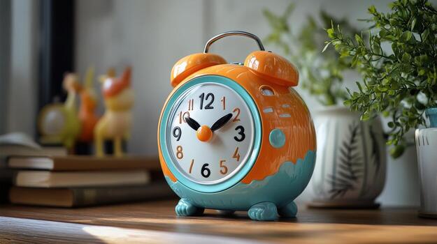 un vistoso alarma reloj en naranja y azul, descansando en un de madera mesa rodeado por decorativo artículos y plantas, agregando encanto a decoración. foto