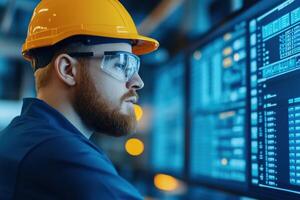 Focused engineer in hard hat analyzes data on computer screen in a modern workstation. photo