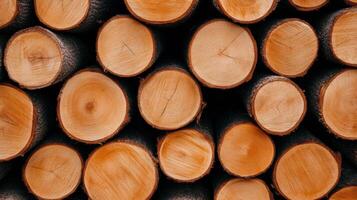 Natural wooden logs stacked together, showcasing their rich texture and warm color, ideal for various design projects. photo