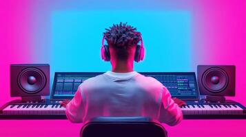 A musician creates electronic music in a vibrant studio, surrounded by modern equipment and colorful lighting. photo