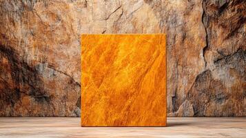 A vibrant orange stone slab against a textured rock background, ideal for showcasing natural material and design concepts. photo