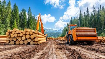 A vibrant forest scene showcasing heavy machinery harvesting logs amidst tall trees under a clear blue sky. photo