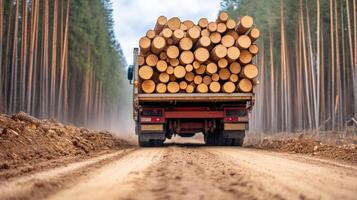 A lumber truck transporting logs down a dirt road through a serene forest landscape. photo