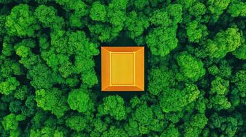 Aerial view of a vibrant yellow structure surrounded by lush green trees in a serene forest setting. photo