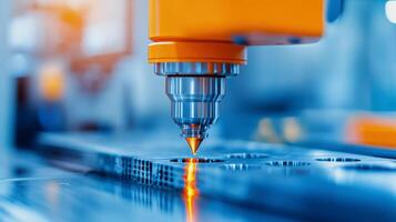 Close-up of a laser cutting machine in action, showcasing precision technology for metal fabrication and manufacturing processes. photo