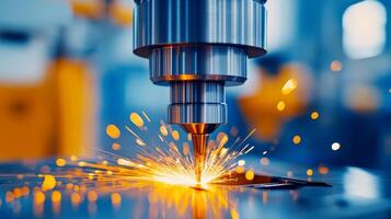 Close-up of a precision laser cutting machine creating sparks on metal, showcasing advanced technology in manufacturing. photo