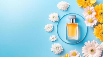 Elegant perfume bottle surrounded by vibrant flowers on a soft blue background, evoking freshness and beauty. photo