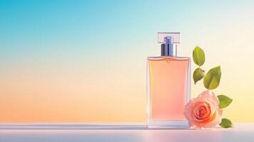 Elegant perfume bottle with a delicate rose, set against a soft gradient background, perfect for beauty and fragrance themes. photo