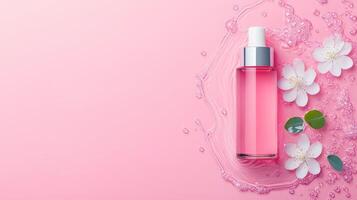Aesthetic pink skincare bottle with floral accents on soft background, perfect for beauty and wellness themes. photo