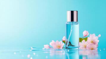 A clear bottle of perfume with a silver cap, surrounded by delicate pink flowers on a soft blue background. photo