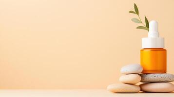 A serene beauty scene featuring an essential oil dropper bottle atop smooth stones with soft lighting and a neutral background. photo