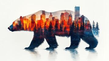 A creative double exposure artwork featuring a bear silhouette blended with a city skyline and forest elements. photo
