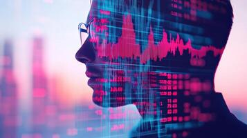 Profile silhouette of a man with digital graphs and data overlay, symbolizing technology and analytics in a modern environment. photo