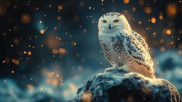 A majestic snowy owl perched on a rock, surrounded by sparkling lights and a mysterious atmosphere, showcasing its beauty and grace. photo