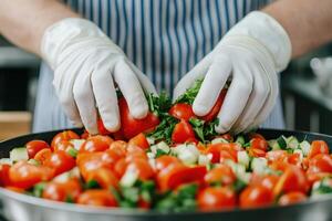 Fresh vegetables being prepared with care in a professional kitchen, highlighting healthy cooking and food preparation. photo