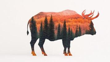 A creative double exposure of a bull silhouette filled with a vibrant autumn forest landscape, symbolizing nature and wildlife. photo