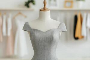 Elegant gray dress design on a mannequin, showcasing stylish tailoring and modern fashion aesthetics in a bright studio. photo