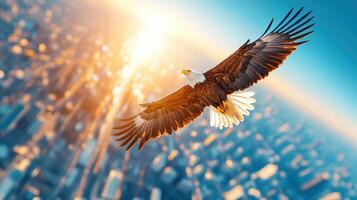 Majestic eagle soaring above a city skyline during sunset, capturing the essence of freedom and urban beauty. photo