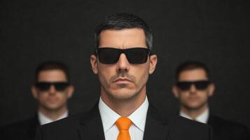 A confident man in a suit and sunglasses, with two others in the background, exuding power and mystery in a dark setting. photo