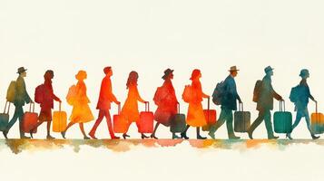 Colorful watercolor illustration of travelers walking with luggage, symbolizing adventure, journey, and exploration. photo