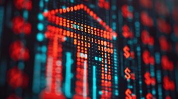 A close-up of digital data displaying a bank symbol, representing finance, investment, and technology trends in a modern context. photo
